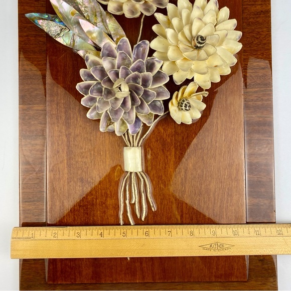 Vintage shell art picture, flowers, floral purple white, mother of pearl, Spain - Picture 12 of 13